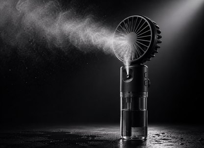 A black handheld fan with misting spray, shown with water droplets spraying out against a dark background with dramatic spotlighting.
