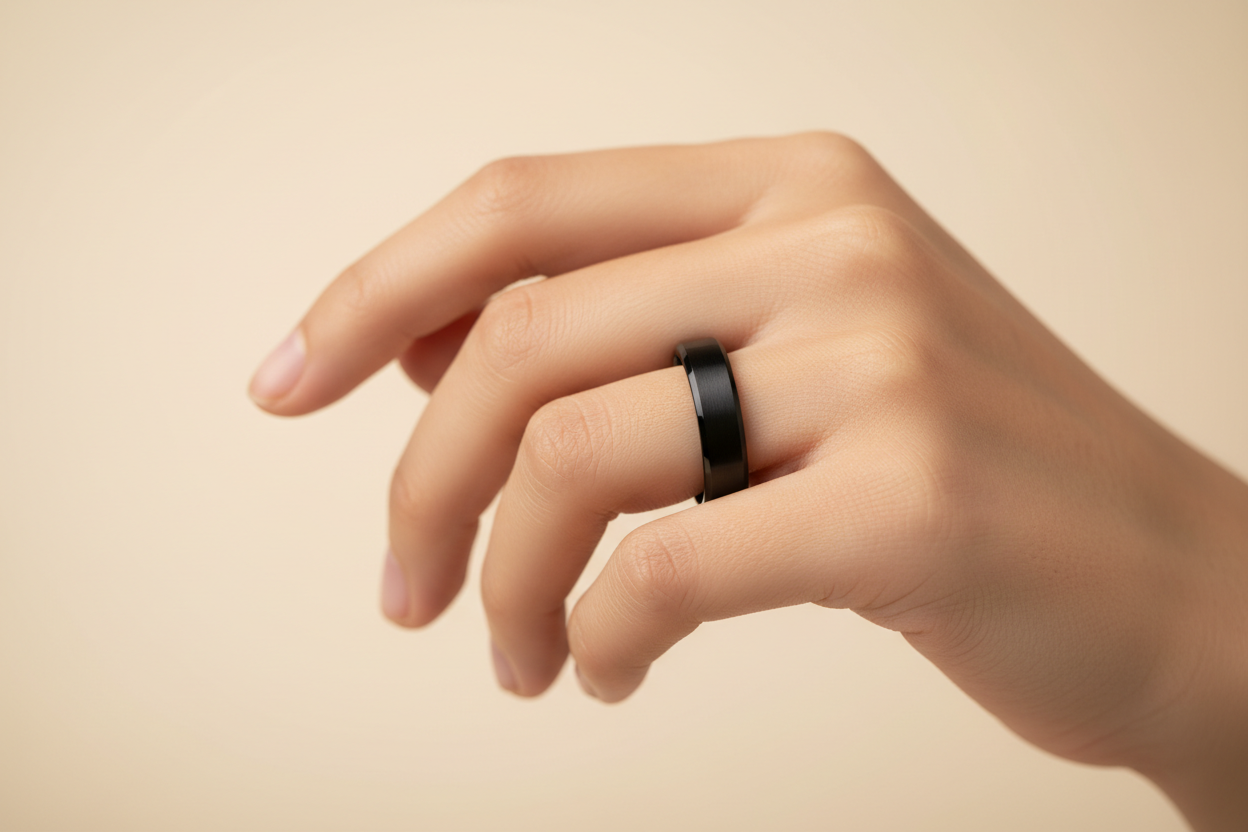 black smart ring on a neatrual color hand on a netrual color background 