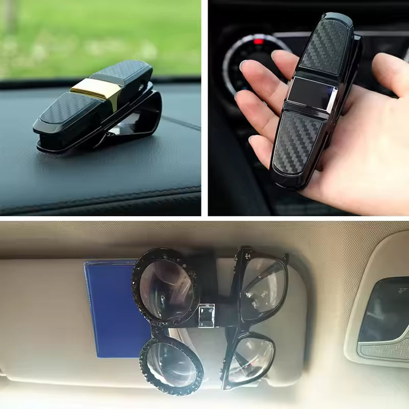 Glasses Holder for Car Sun Visor Sunglasses Clip Card Ticket Holder Eyeglasses Fastener Carbon Fiber Sunglasses Clip Black Silve